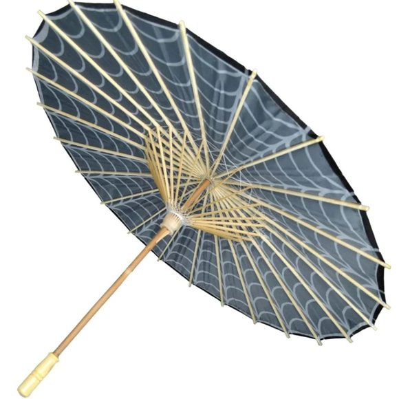 Spiderweb Gray & Black Goth Fabric Shade Parasol Bamboo Handle NWT - Picture 2 of 2